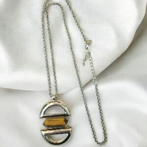 lia sophia Long Necklace Large Tigers Eye Modernist Pendant Silver Tone Cable